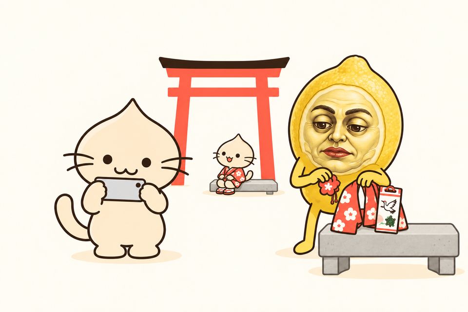 スマホに夢中なネコの後ろで、色の良いレモンが、子ネコが置いていった羽織と髪飾りと千歳飴を真顔で拾っている。奥では子ネコがベンチで休んでいる。
